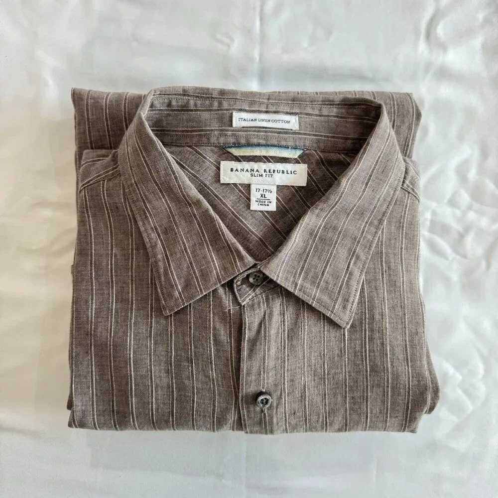Banana Republic Mens XL Brown Slim Fit Italian Linen Long Sleeve Shirt Good